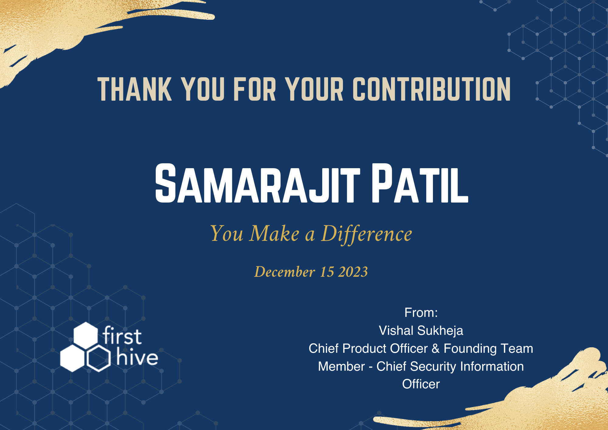 Appreciation from Vishal Sukheja