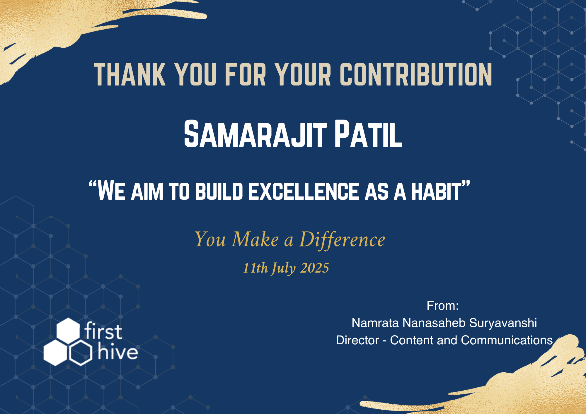 Appreciation from Namrata Nanasaheb Suryavanshi