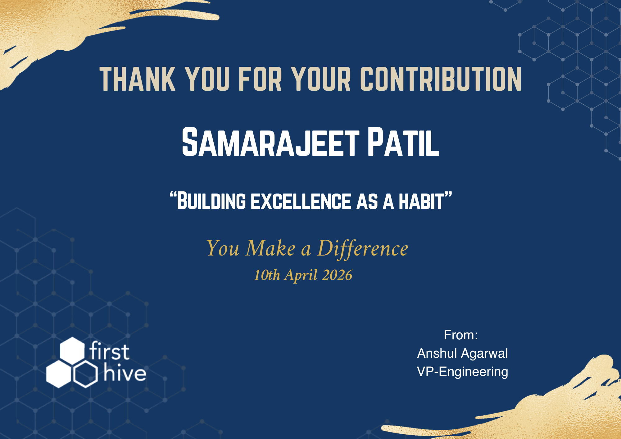 Appreciation from Anshul Agarwal